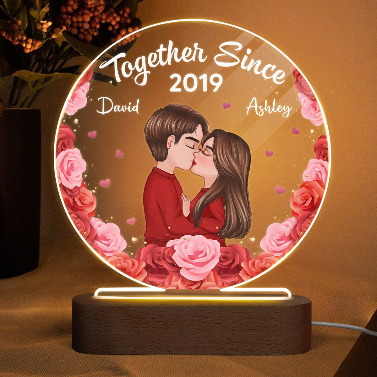 Doll Couple Kissing Personalized Circle Plaque LED Night Light - Image 2