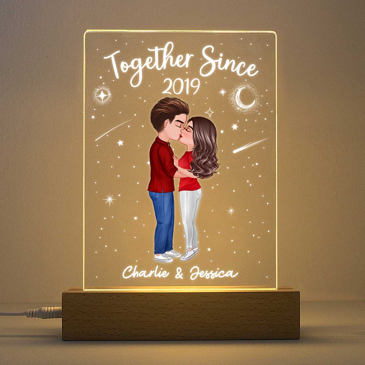 Doll Couple Kissing Personalized Rectangle Acrylic Plaque With LED Night Light - Valentine‘s Day Gift - Anniversary Gift For Her - Gift For Him - Image 3