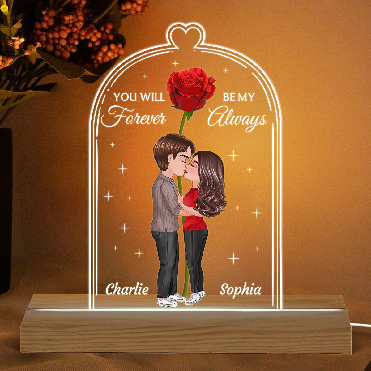 Doll Couple Kissing Rose Personalized Jar Shaped Acrylic Plaque With LED Night Light - Image 2