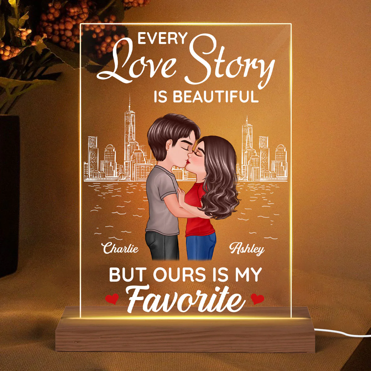 Doll Couple Kissing Skyline Anniversary Gift For Him For Her Personalized Rectangle Acrylic Plaque LED Lamp Night Light