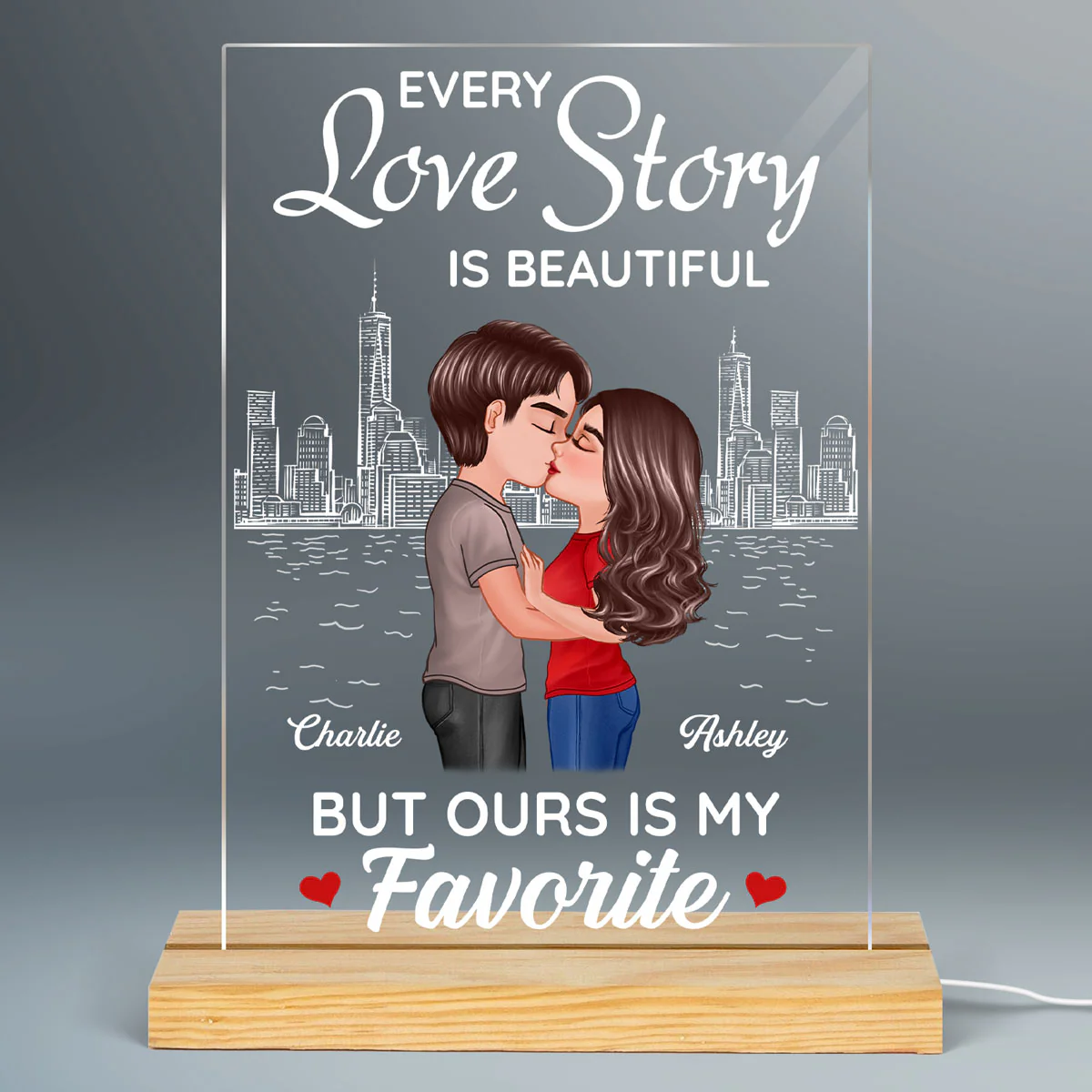 Doll Couple Kissing Skyline Anniversary Gift For Him For Her Personalized Rectangle Acrylic Plaque LED Lamp Night Light - Image 2