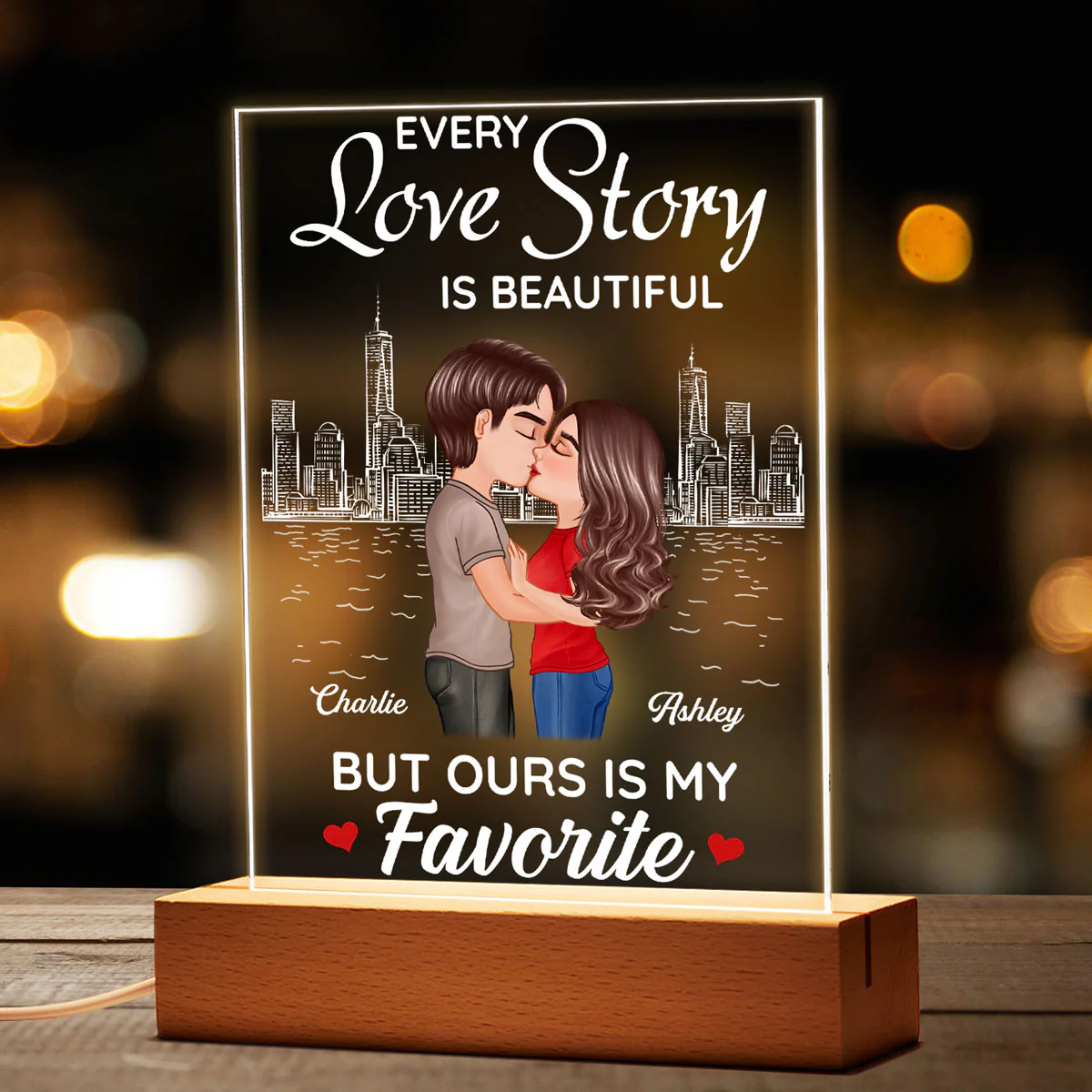 Doll Couple Kissing Skyline Anniversary Gift For Him For Her Personalized Rectangle Acrylic Plaque LED Lamp Night Light - Image 3