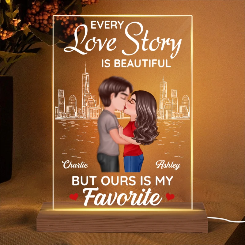 Doll Couple Kissing Skyline Anniversary Gift For Him For Her Personalized Rectangle Acrylic Plaque LED Lamp Night Light - Image 4