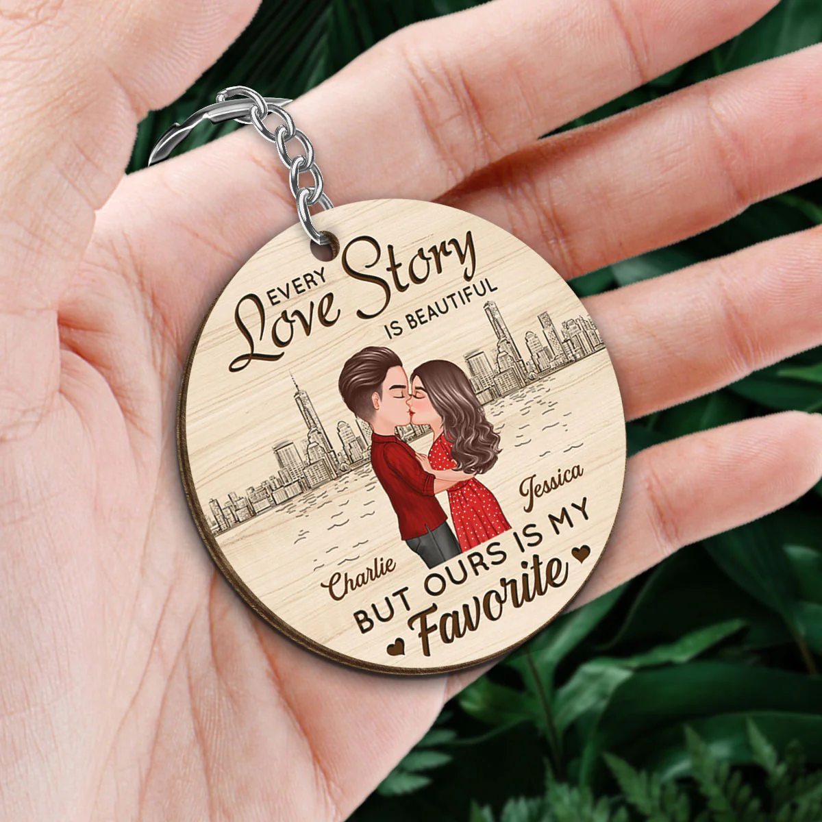 Doll Couple Kissing Skyline Calendar Anniversary Date Personalized Wooden Keychain - Image 2