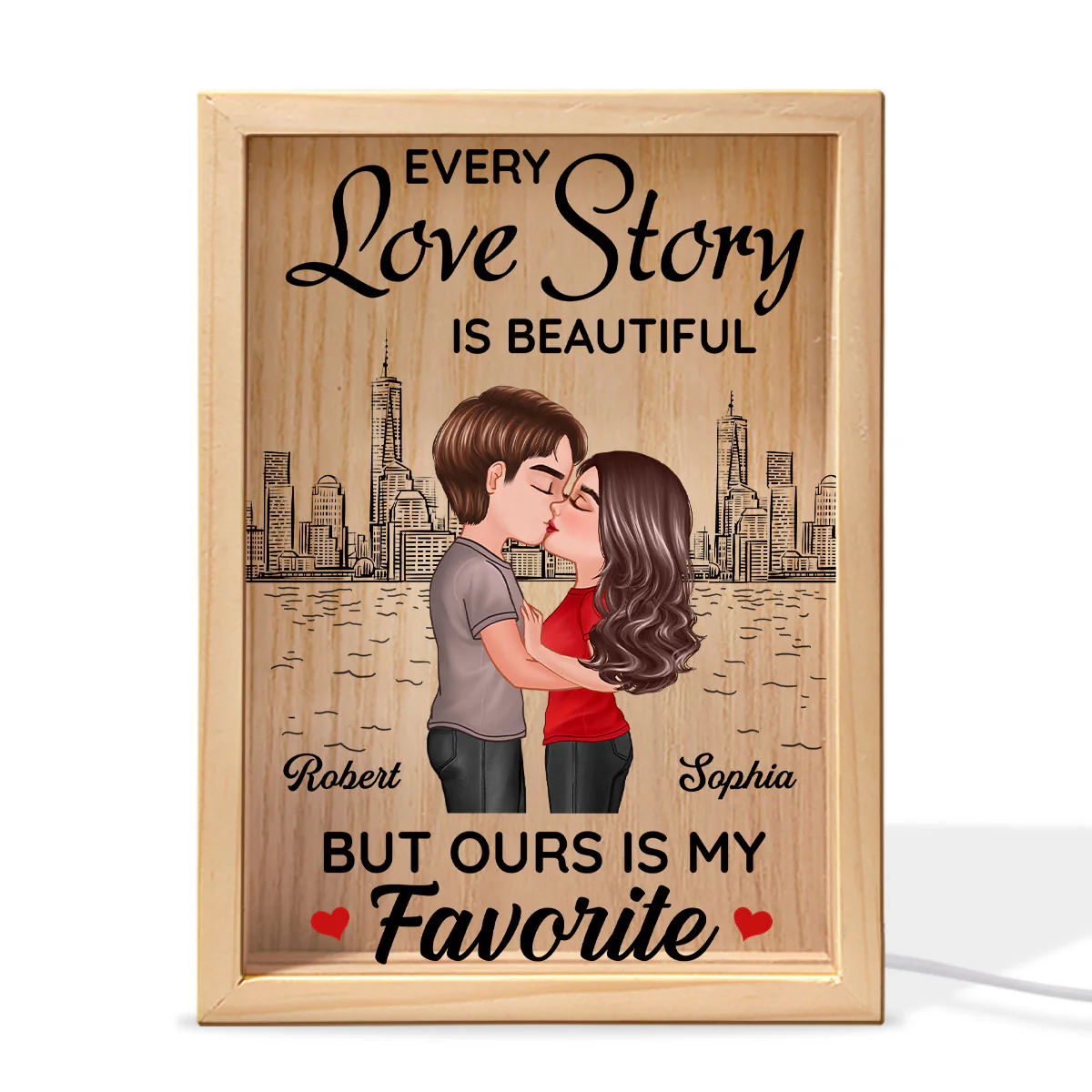 Doll Couple Kissing Skyline Gift For Him For Her Personalized Wooden Frame Light Box - Image 2