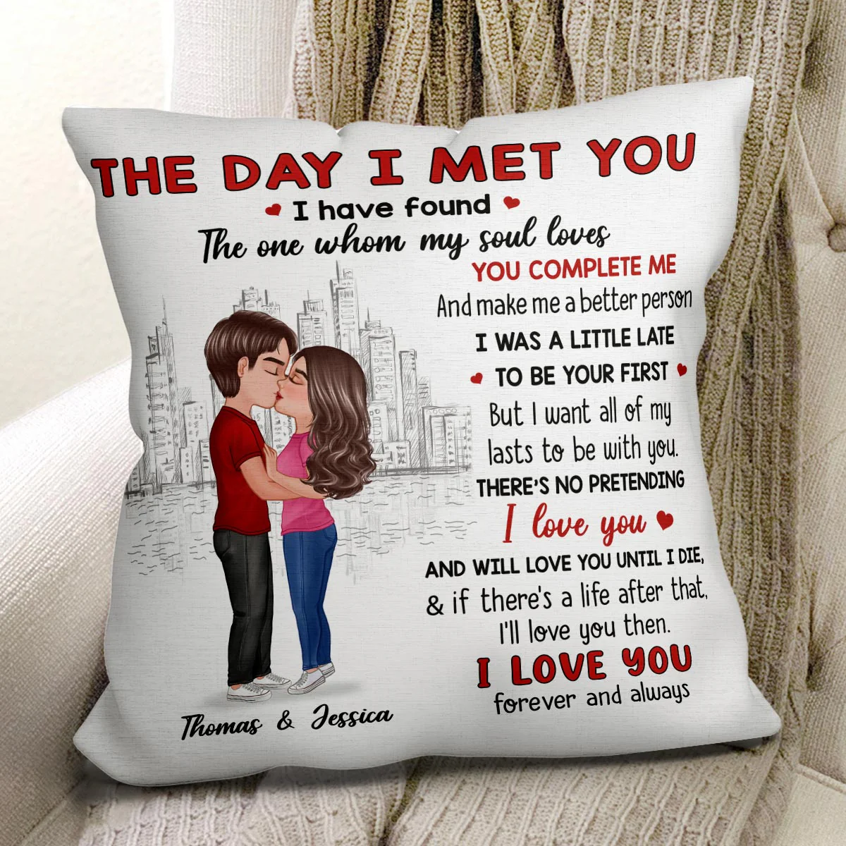 Doll Couple Kissing Skyline The Day I Met You Gift For Him For Her Personalized Pillow - Image 2