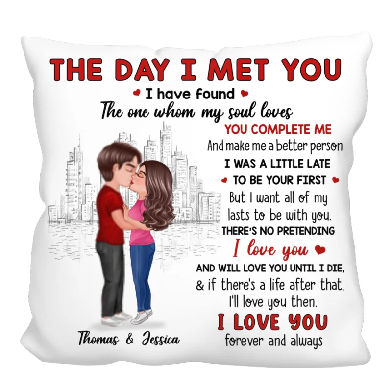 Doll Couple Kissing Skyline The Day I Met You Gift For Him For Her Personalized Pillow - Image 3