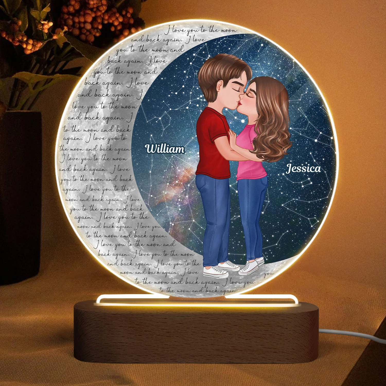 Doll Couple Kissing Star Sky On Moon Personalized Circle Acrylic LED Night Light - Image 2