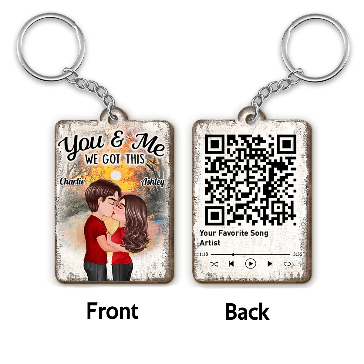 Doll Couple Kissing Sunset Forest Favorite Song QR Code Personalized Wooden Keychain