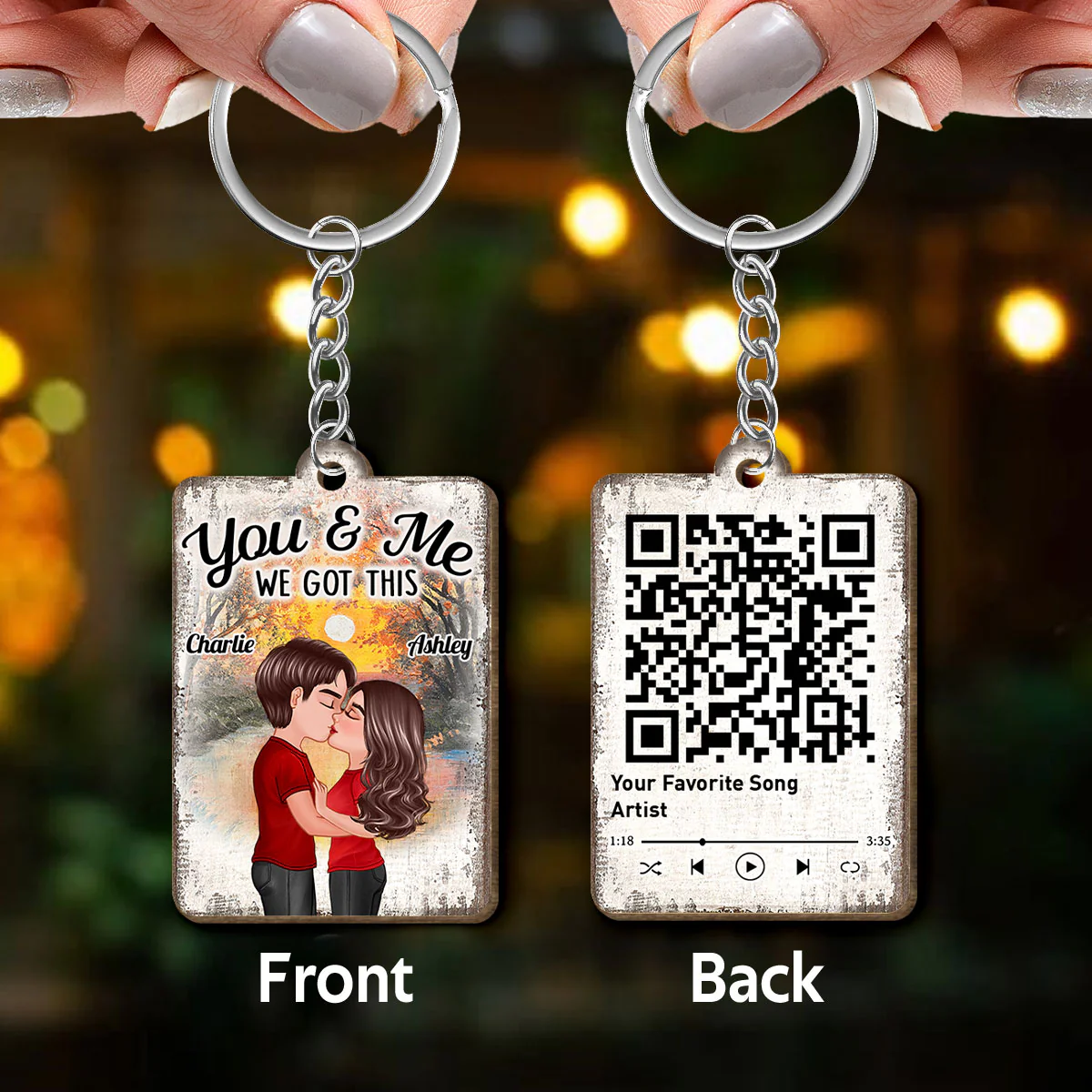 Doll Couple Kissing Sunset Forest Favorite Song QR Code Personalized Wooden Keychain - Image 3