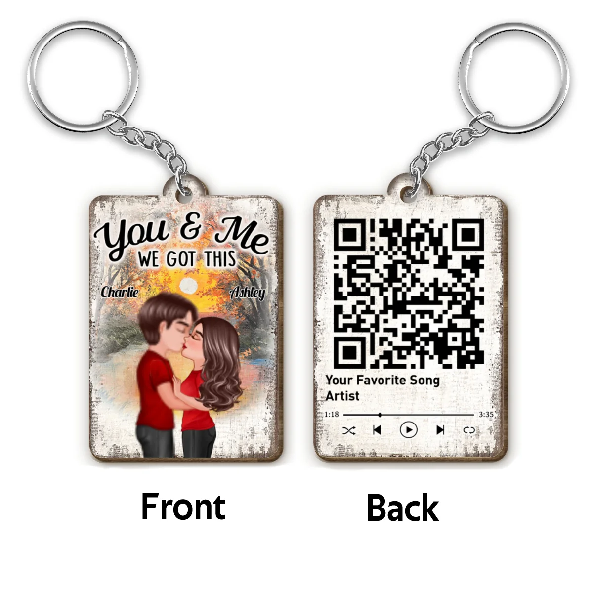 Doll Couple Kissing Sunset Forest Favorite Song QR Code Personalized Wooden Keychain - Image 4