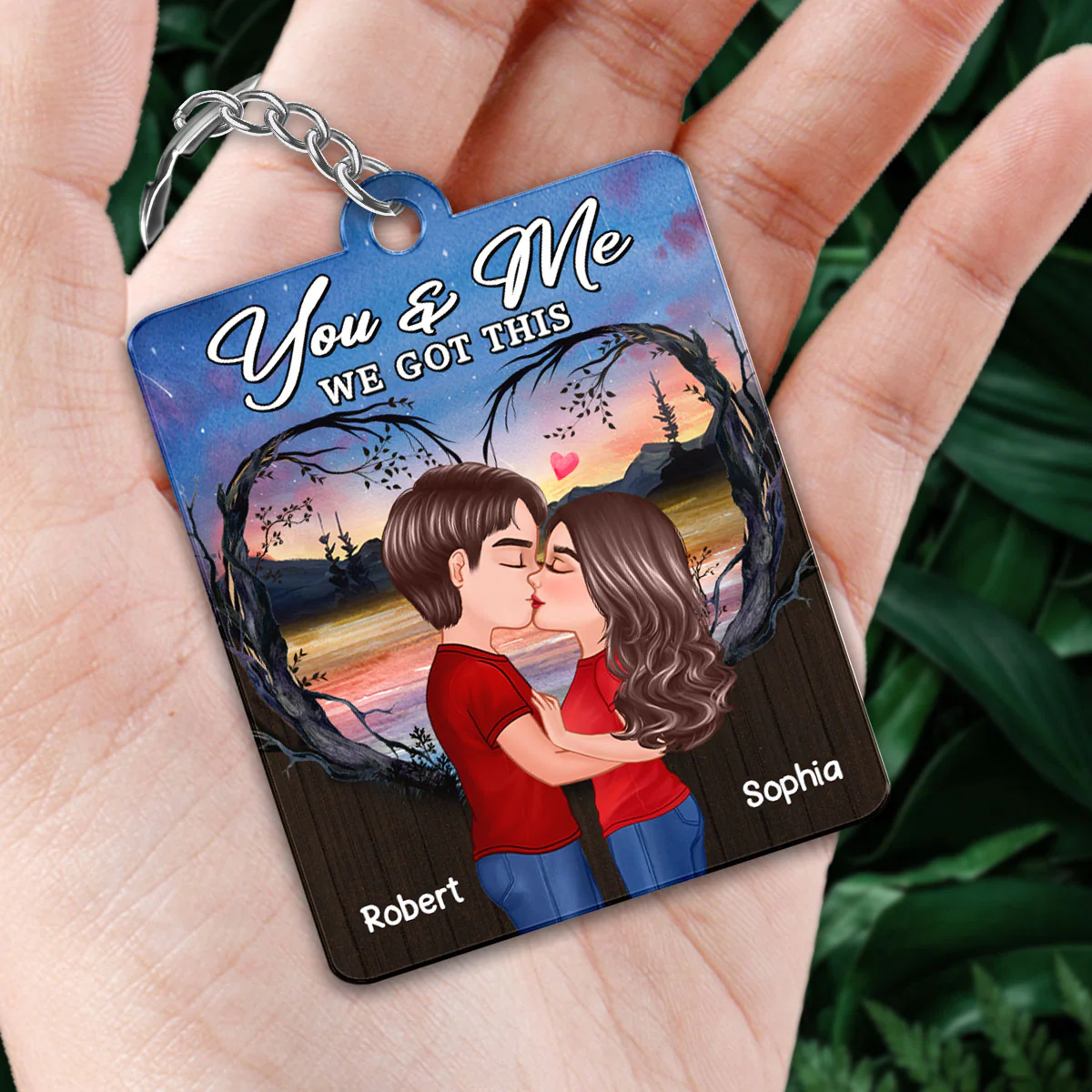 Doll Couple Kissing Sunset Tree Arch Favorite Song QR Code Personalized Acrylic Keychain - Image 2