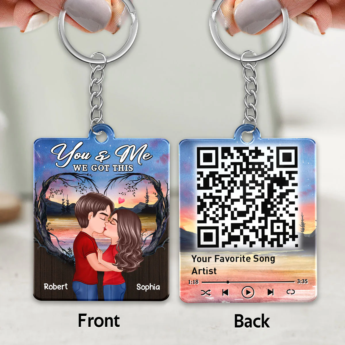 Doll Couple Kissing Sunset Tree Arch Favorite Song QR Code Personalized Acrylic Keychain - Image 3
