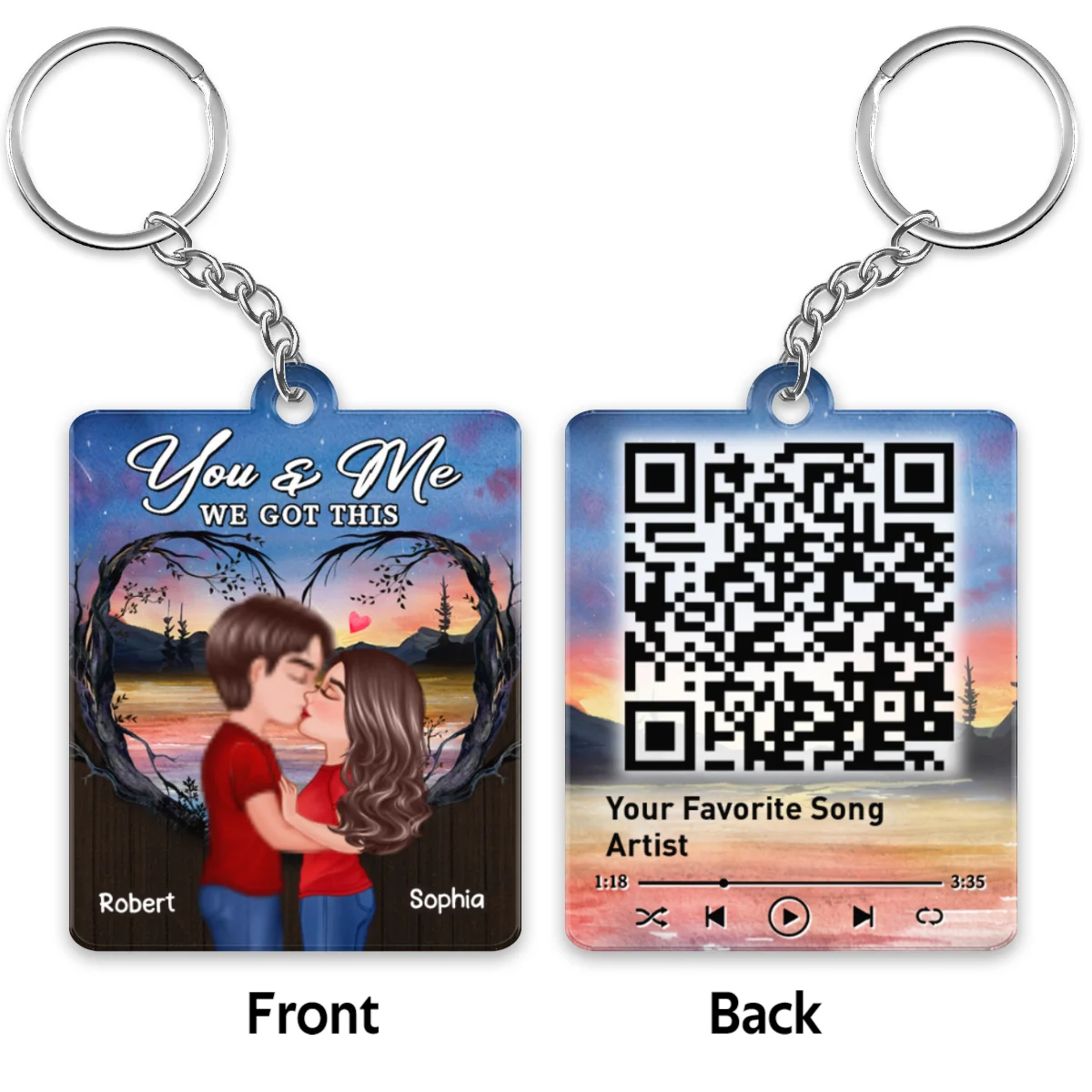 Doll Couple Kissing Sunset Tree Arch Favorite Song QR Code Personalized Acrylic Keychain - Image 4