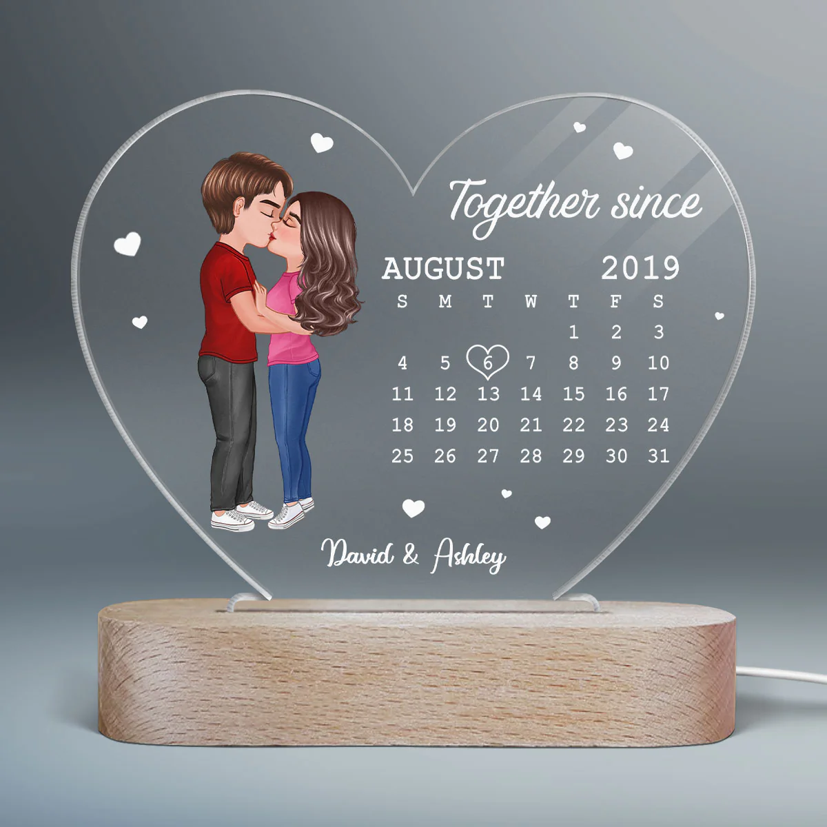 Doll Couple Kissing Together Since Anniversary Date Calendar Personalized Acrylic Heart Plaque With LED Night Light - Image 2