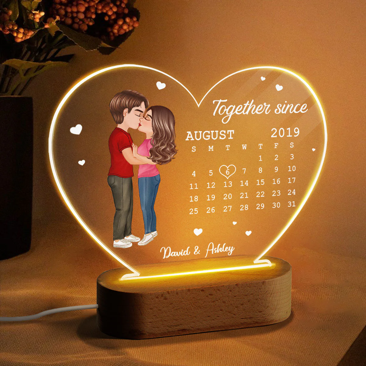 Doll Couple Kissing Together Since Anniversary Date Calendar Personalized Acrylic Heart Plaque With LED Night Light - Image 3