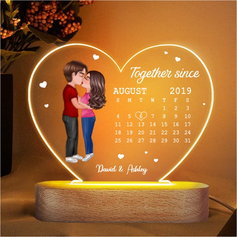 Doll Couple Kissing Together Since Anniversary Date Calendar Personalized Acrylic Heart Plaque With LED Night Light - Image 4