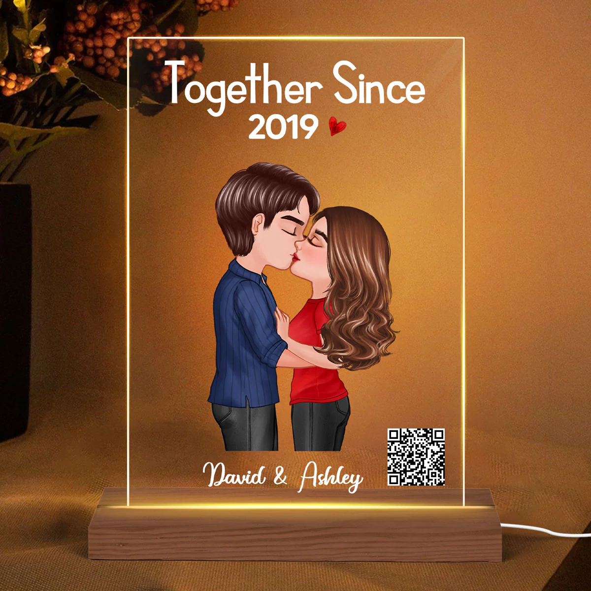 Doll Couple Kissing Together Since Favorite Song Scannable QR Code Gift For Him For Her Personalized Rectangle Acrylic Plaque LED Night Light
