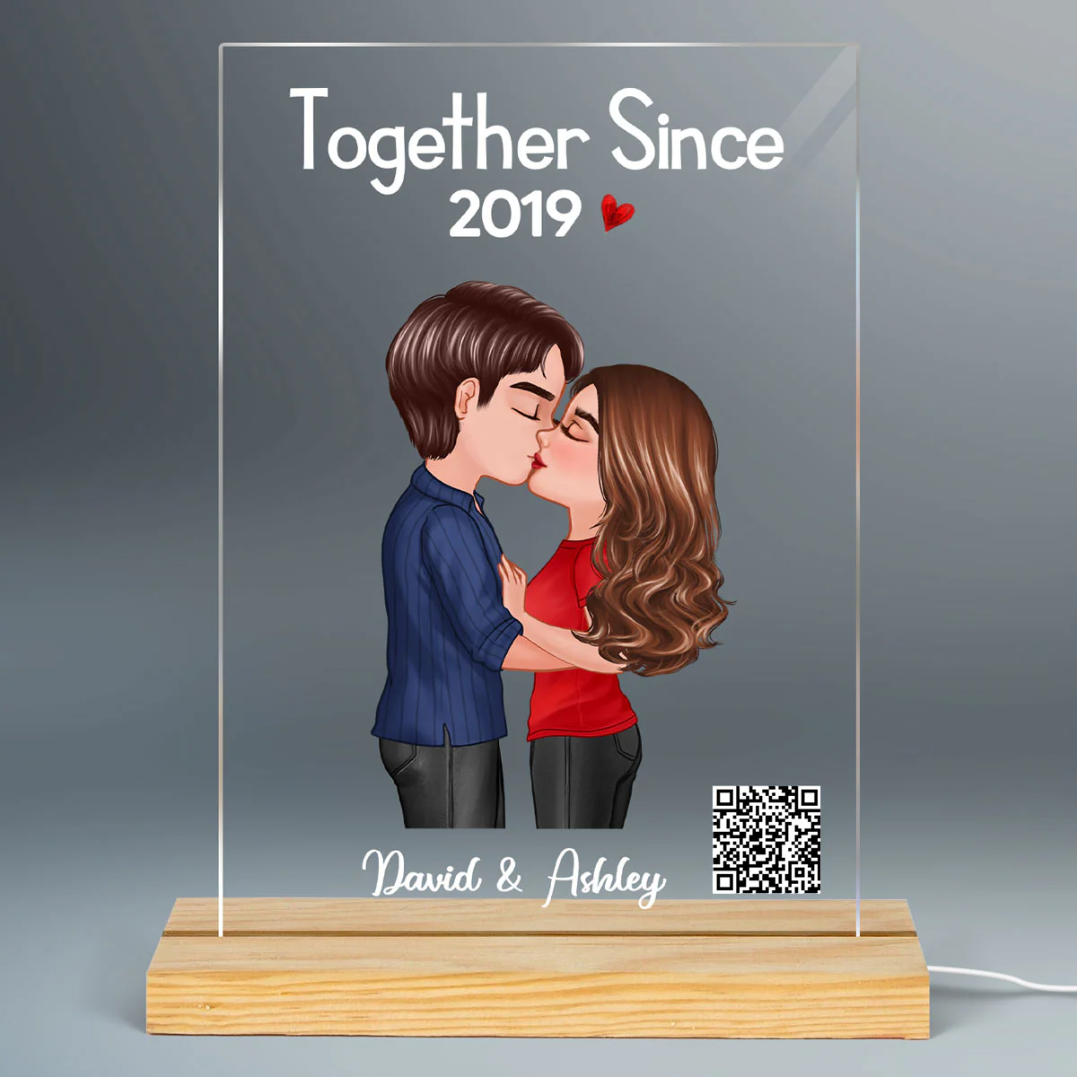 Doll Couple Kissing Together Since Favorite Song Scannable QR Code Gift For Him For Her Personalized Rectangle Acrylic Plaque LED Night Light - Image 2