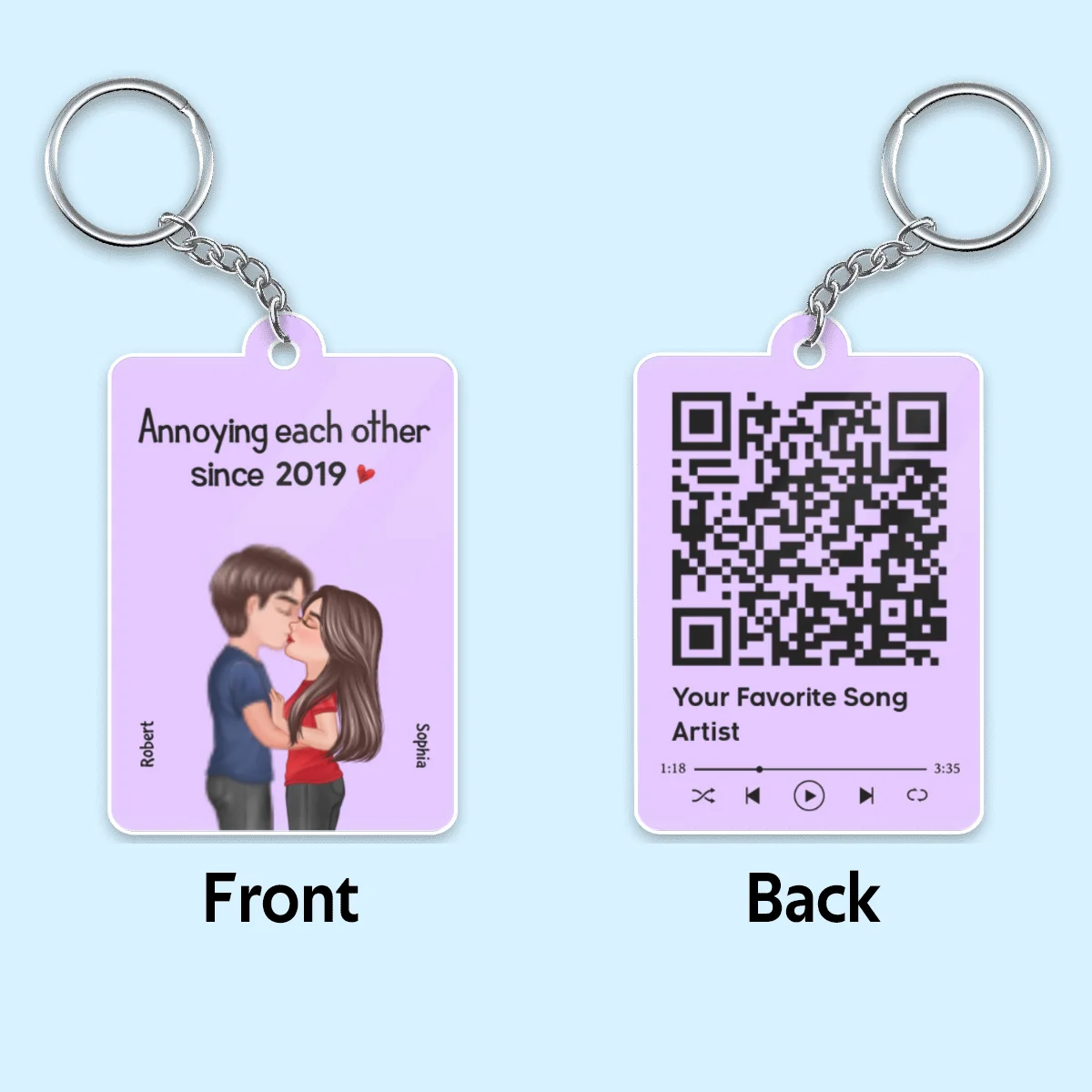 Doll Couple Kissing Together Since Favorite Song Scannable QR Code Personalized Acrylic Keychain - Image 4