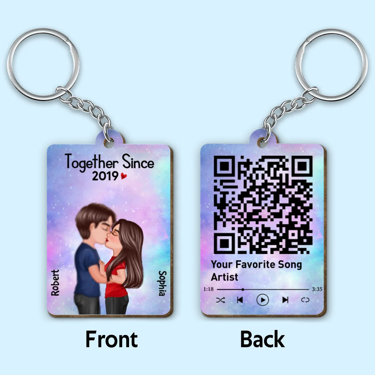 Doll Couple Kissing Together Since Favorite Song Scannable QR Code Personalized Wooden Keychain - Image 4