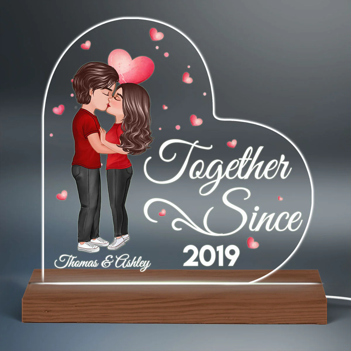 Doll Couple Kissing Together Since Personalized Heart Shaped Acrylic Plaque With LED Night Light - Anniversary Gift For Couple - Gift For Him, Gift For Her - Image 3