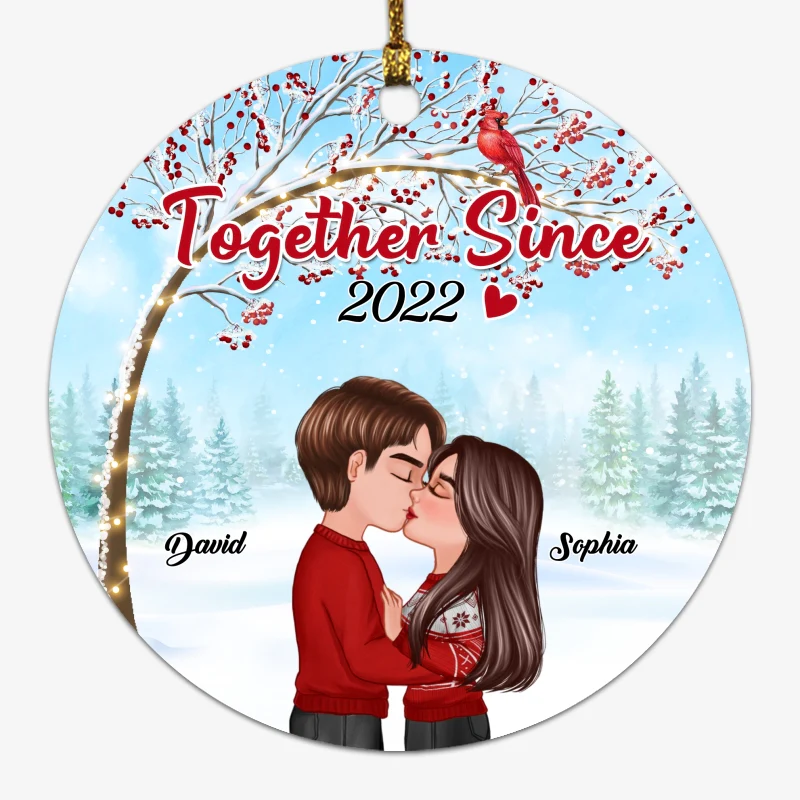 Doll Couple Kissing Under Berry Tree Personalized Circle Ornament - Image 2