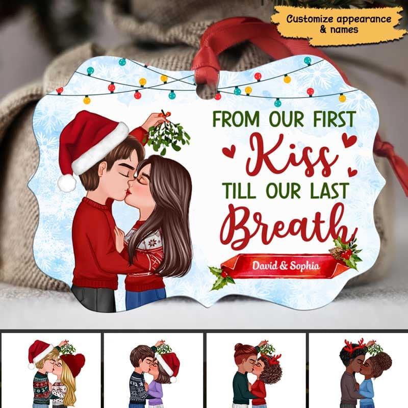Doll Couple Kissing Under Mistletoe Personalized Christmas Ornament - Image 2