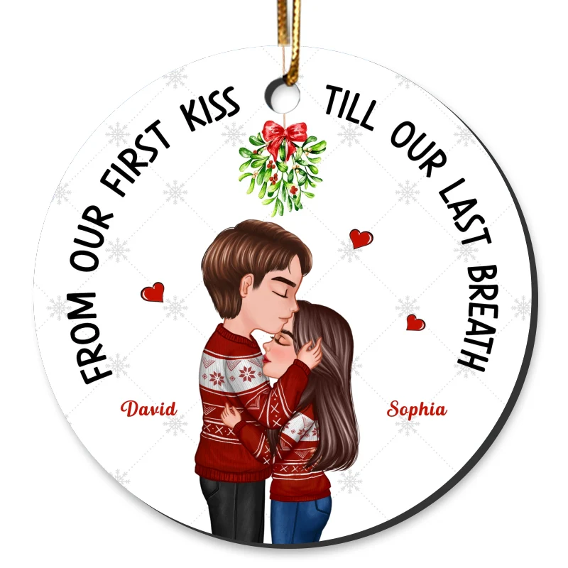Doll Couple Kissing Under Mistletoe Personalized Circle Ornament - Image 2