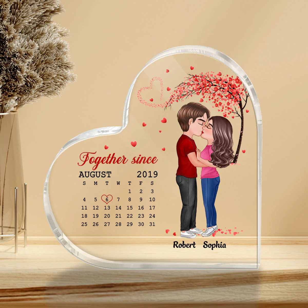 Doll Couple Kissing Under Red Heart Tree Calendar Anniversary Date Personalized Heart Acrylic Plaque - Image 3