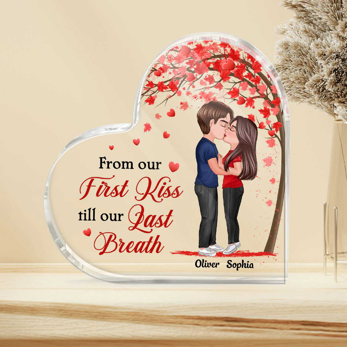 Doll Couple Kissing Under Red Heart Tree Gift For Him For Her Personalized Heart Plaque