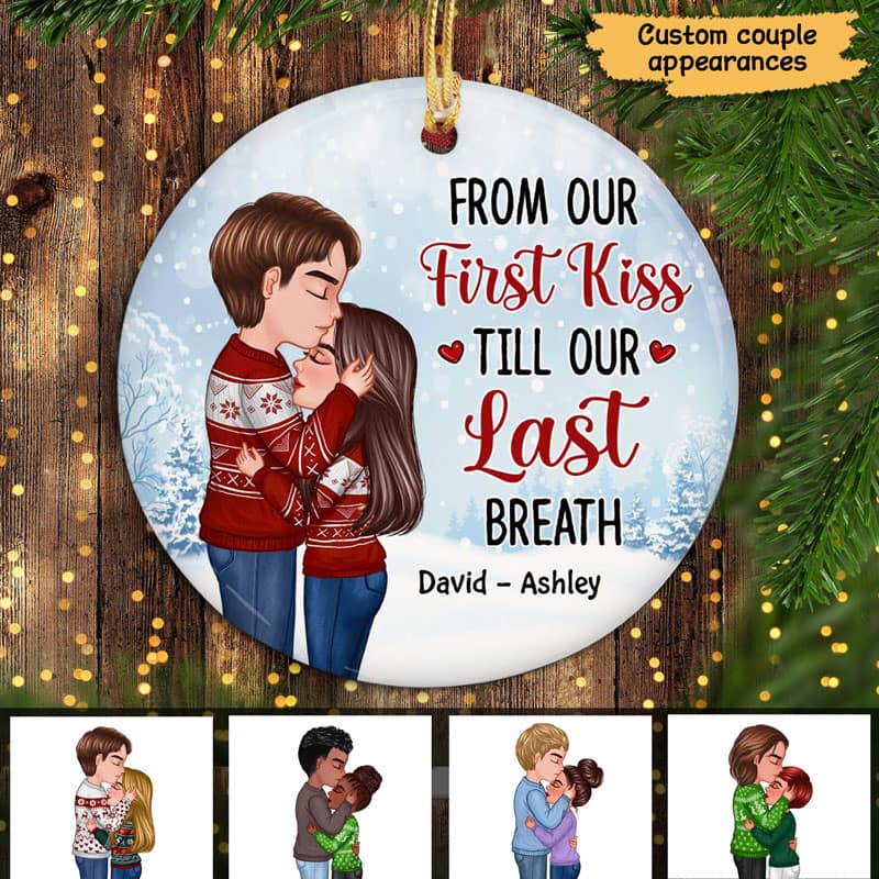 Doll Couple Kissing Under Snow Personalized Circle Ornament - Image 2