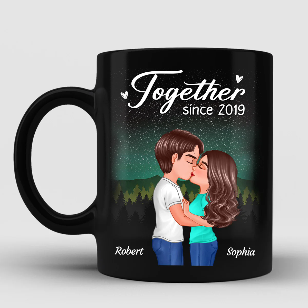 Doll Couple Kissing Under Star Night QR Code Calendar Personalized Black Mug - Image 2