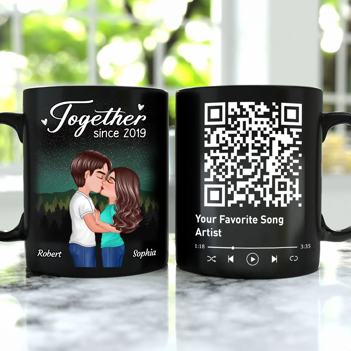 Doll Couple Kissing Under Star Night QR Code Calendar Personalized Black Mug - Image 4
