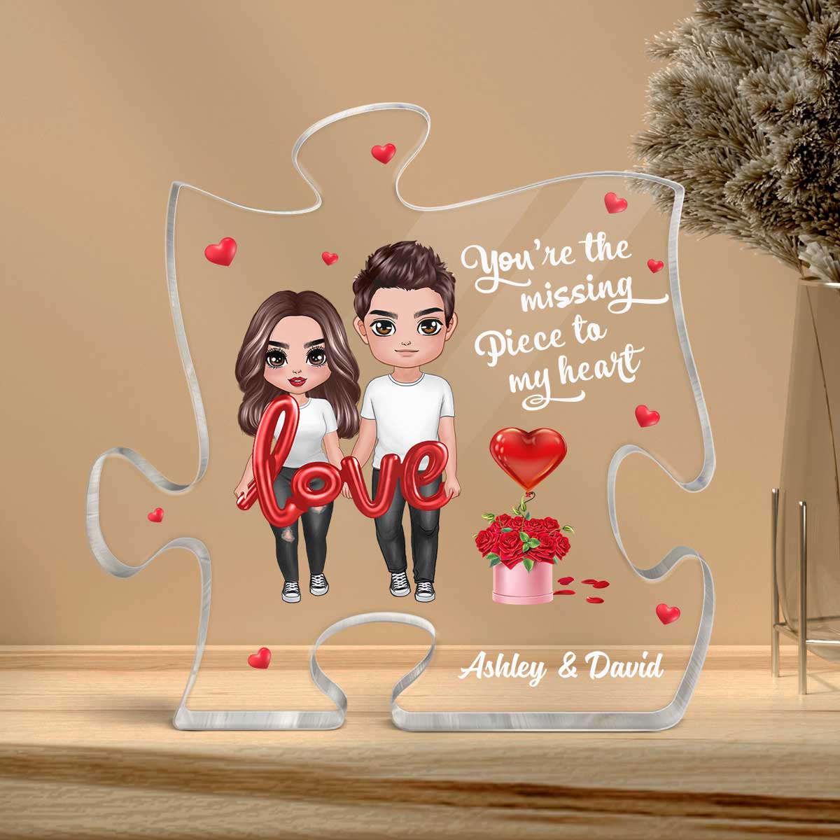 Doll Couple Love Balloon Personalized Acrylic Puzzle Plaque - Gift For Him For HerLight