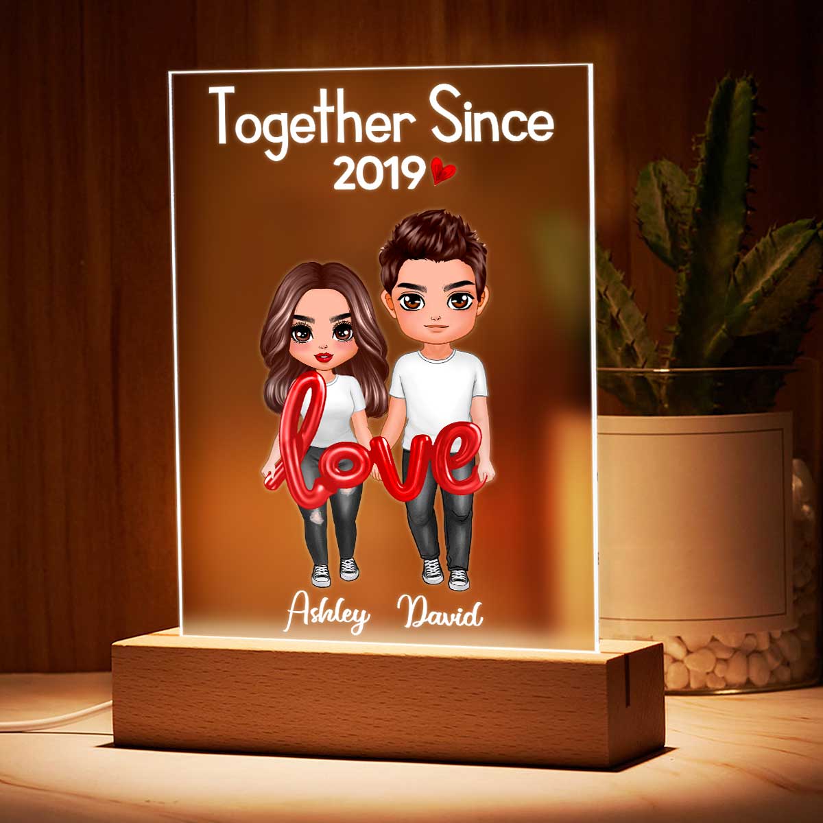 Doll Couple Love Balloon Personalized Rectangle Acrylic Plaque LED Lamp Night - Gift For Him For HerLight - Image 3