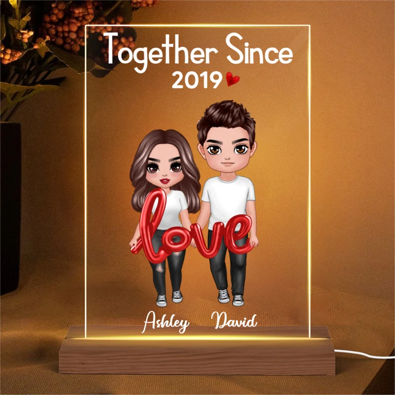 Doll Couple Love Balloon Personalized Rectangle Acrylic Plaque LED Lamp Night - Gift For Him For HerLight - Image 4