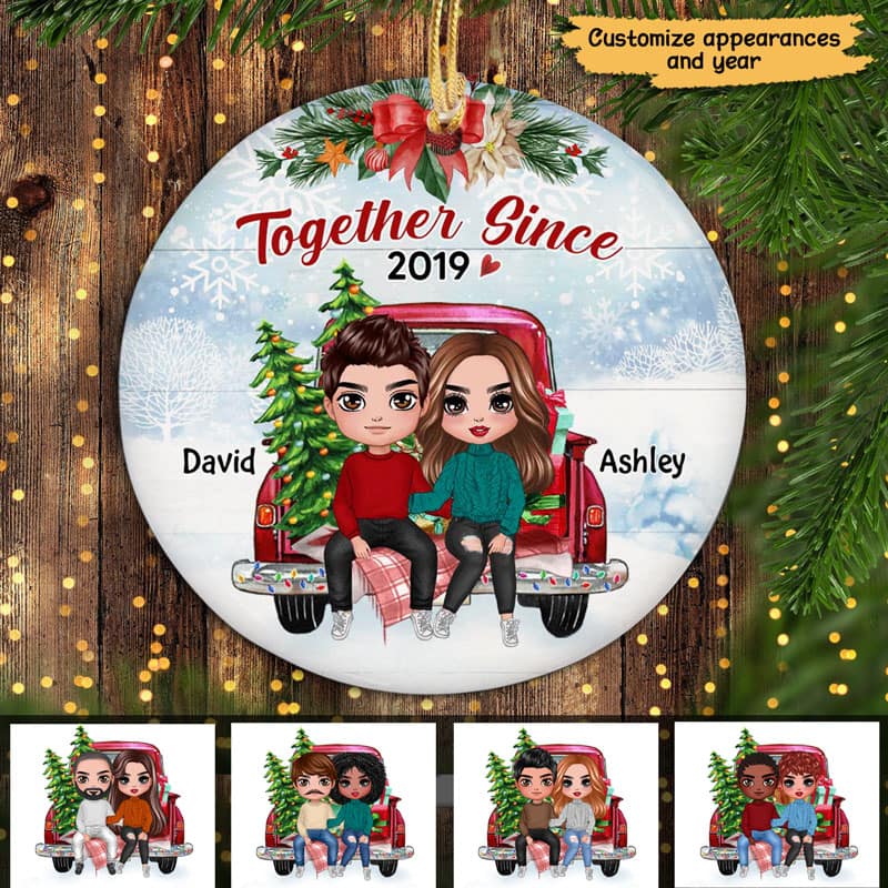 Doll Couple On Car Back View Personalized Circle Ornament - Image 2