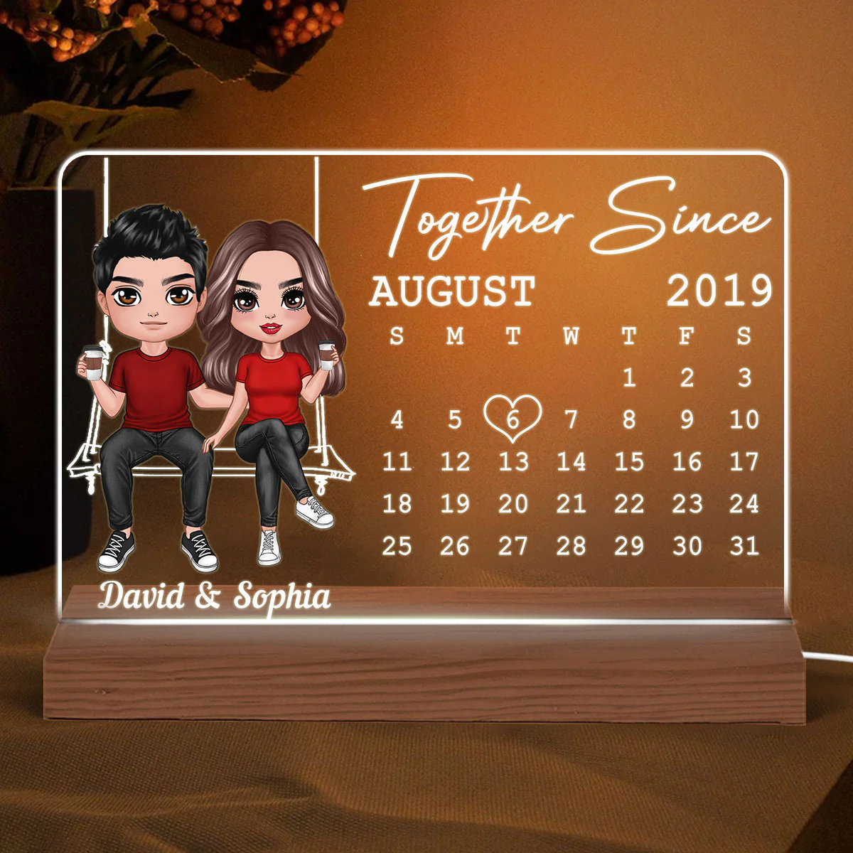 Doll Couple On Swing Anniversary Date Calendar Rectangle Personalized Custom Shape Acrylic Plaque With LED Night Light - Anniversary Gift For Couple - Gift For Him - Gift For Her - Image 2