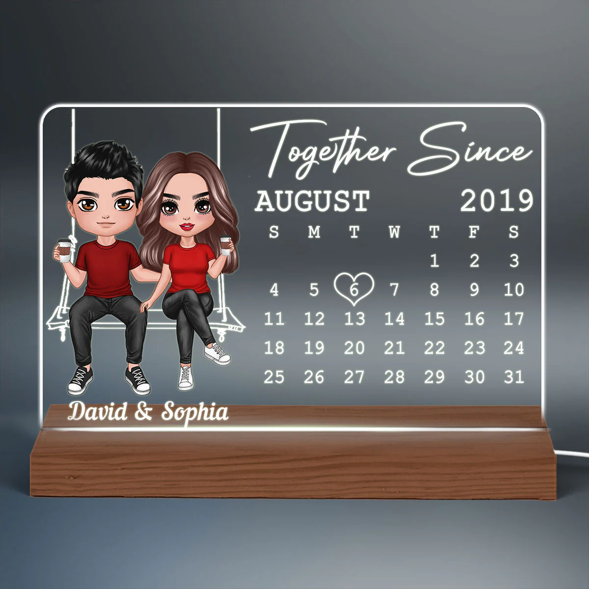 Doll Couple On Swing Anniversary Date Calendar Rectangle Personalized Custom Shape Acrylic Plaque With LED Night Light - Anniversary Gift For Couple - Gift For Him - Gift For Her - Image 3