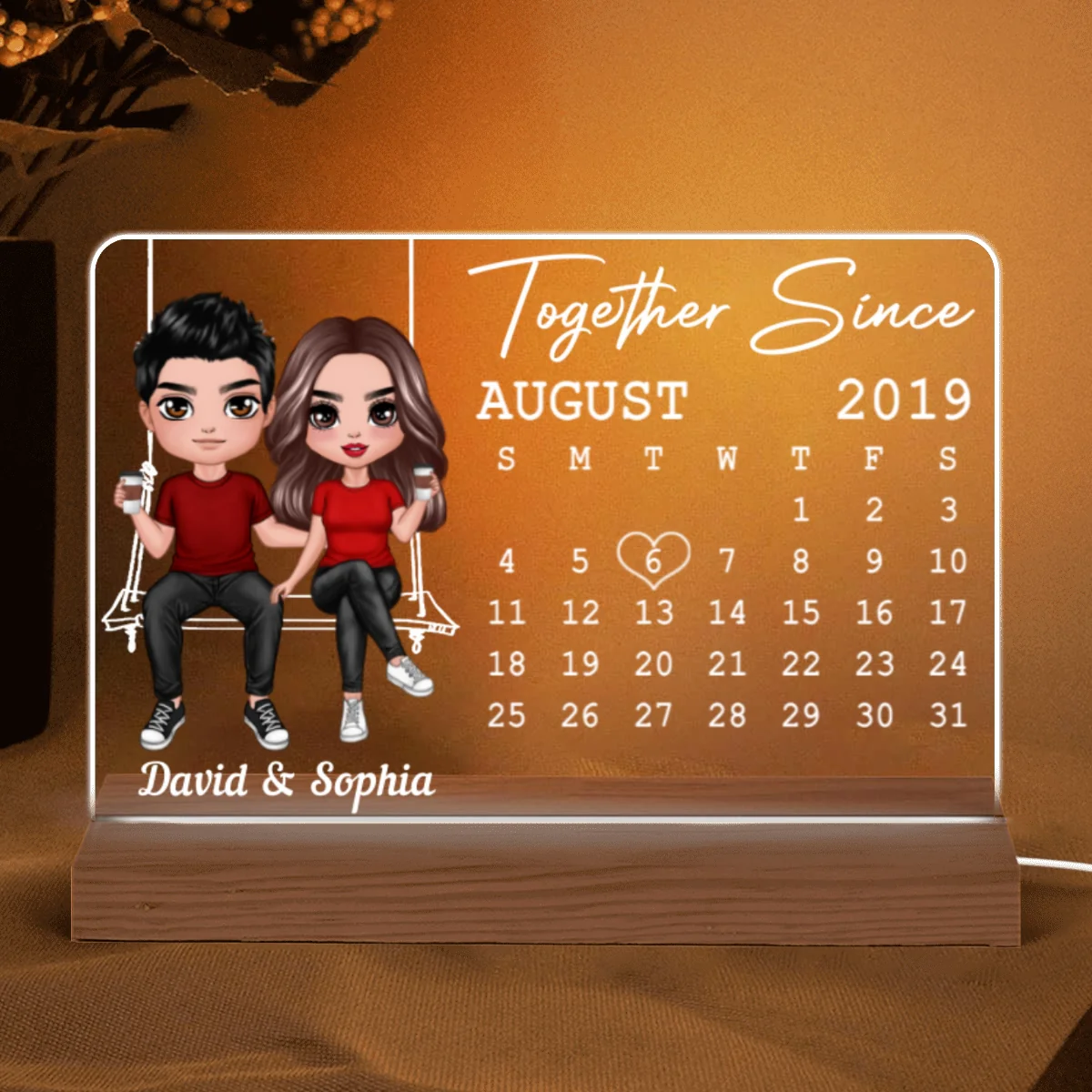 Doll Couple On Swing Anniversary Date Calendar Rectangle Personalized Custom Shape Acrylic Plaque With LED Night Light - Anniversary Gift For Couple - Gift For Him - Gift For Her - Image 5