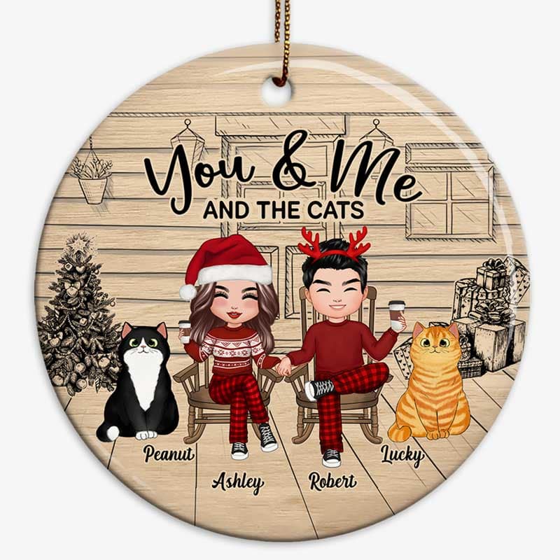 Doll Couple Pajama Cats Front Porch Personalized Circle Ornament