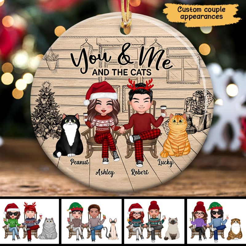 Doll Couple Pajama Cats Front Porch Personalized Circle Ornament - Image 2