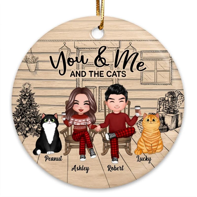 Doll Couple Pajama Cats Front Porch Personalized Circle Ornament - Image 3