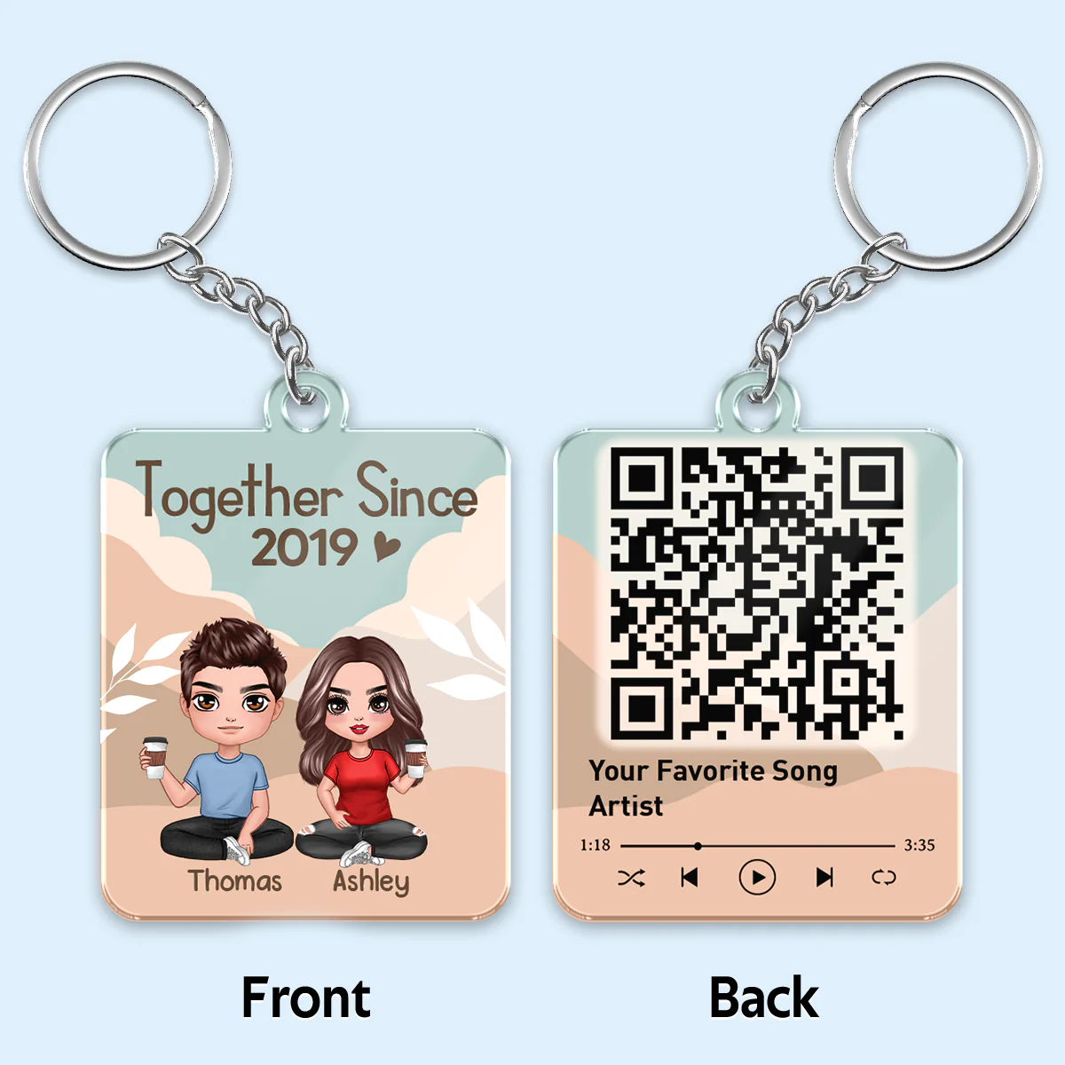 Doll Couple Sitting Abstract Boho Favorite Song QR Code Personalized Acrylic Keychain - Image 2