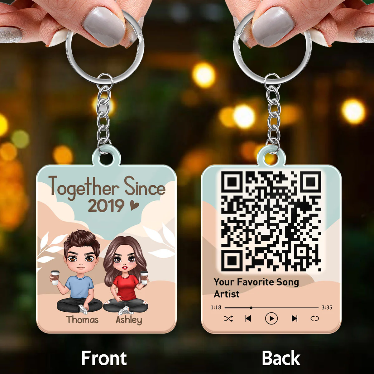 Doll Couple Sitting Abstract Boho Favorite Song QR Code Personalized Acrylic Keychain - Image 3