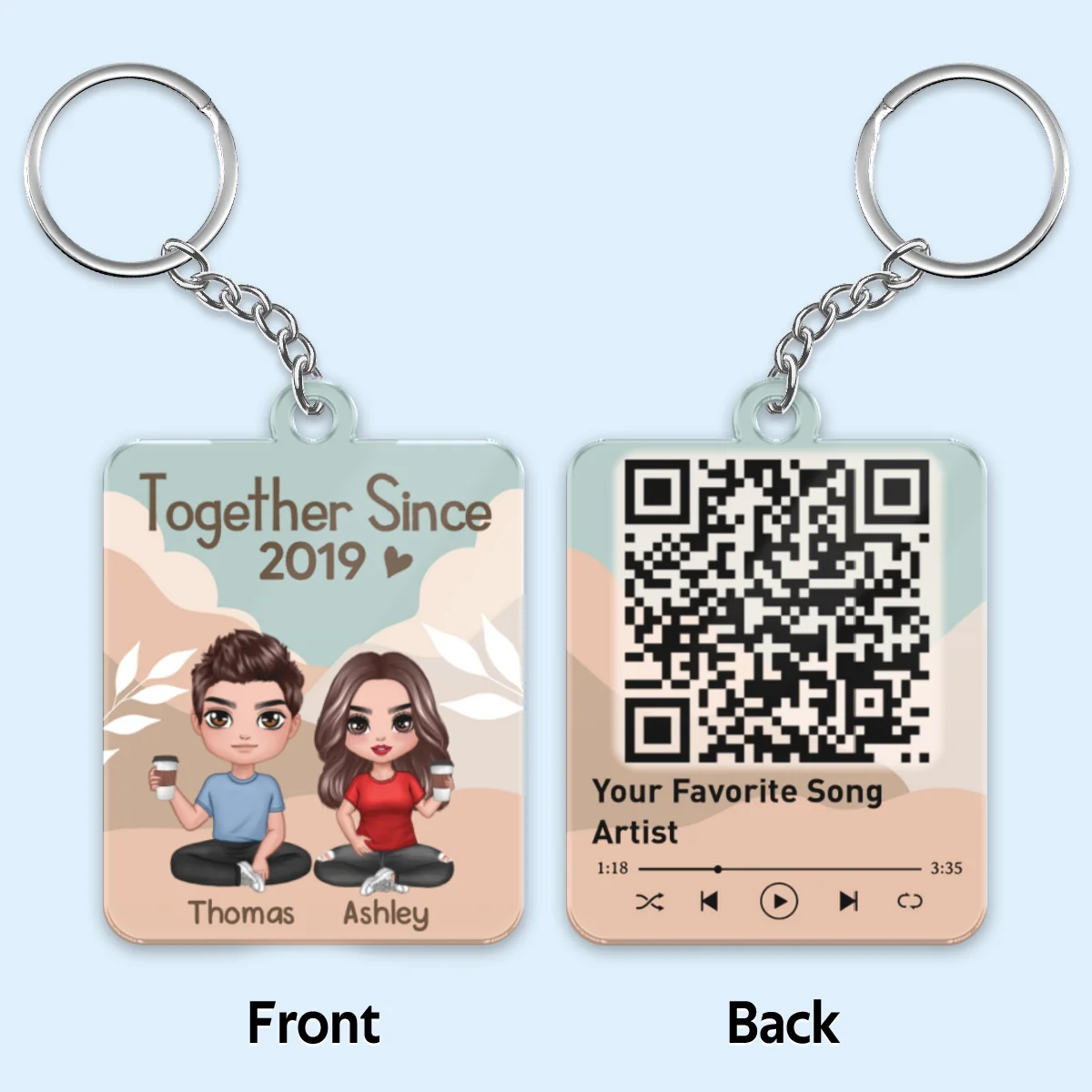 Doll Couple Sitting Abstract Boho Favorite Song QR Code Personalized Acrylic Keychain - Image 4