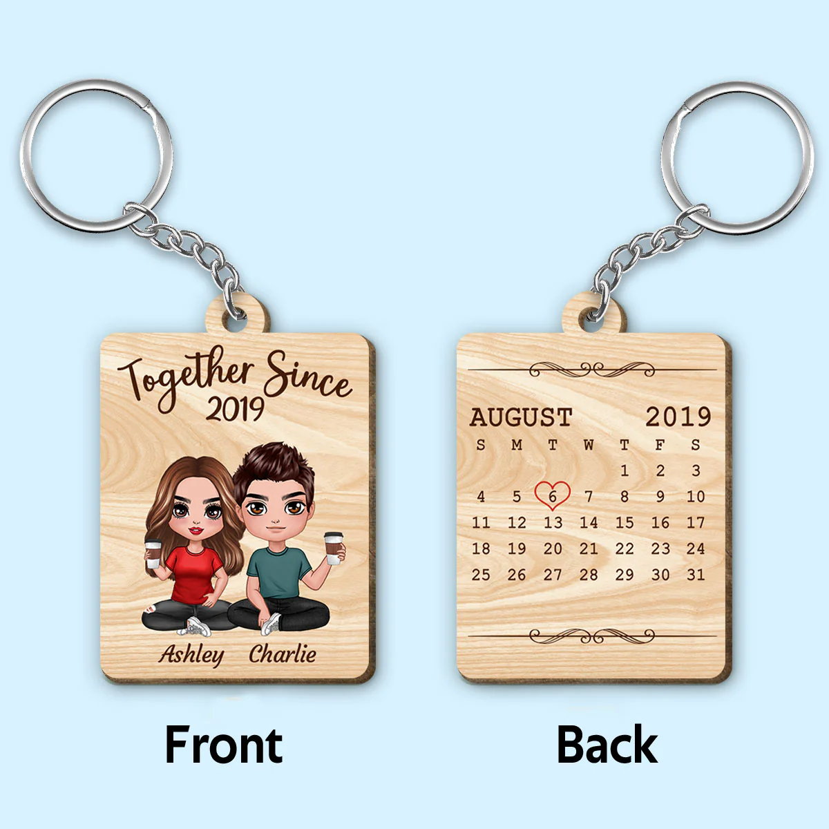 Doll Couple Sitting Anniversary Date Calendar Personalized Wooden Keychain