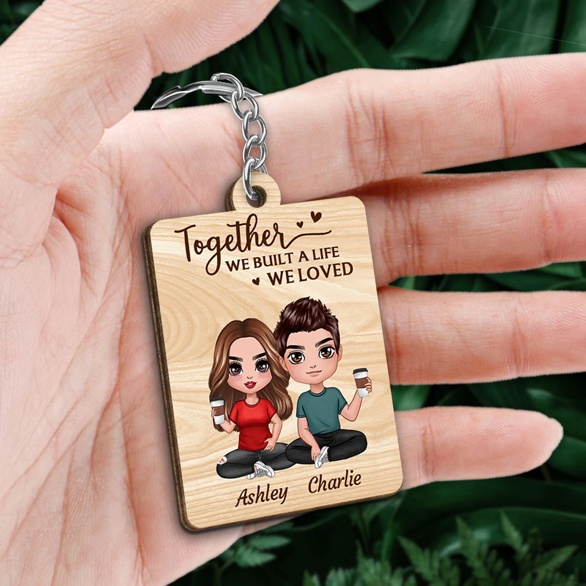 Doll Couple Sitting Anniversary Date Calendar Personalized Wooden Keychain - Image 2