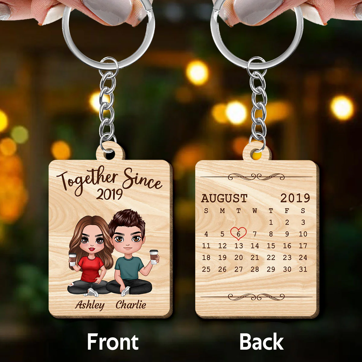 Doll Couple Sitting Anniversary Date Calendar Personalized Wooden Keychain - Image 3